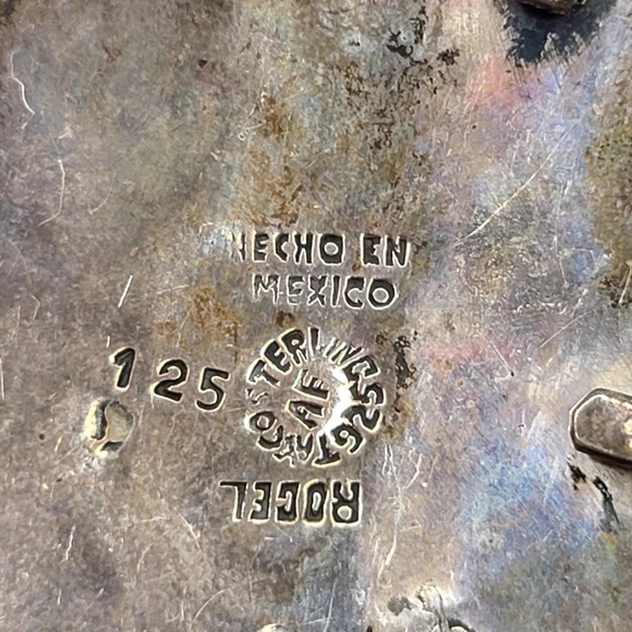 Vintage Mexican Sterling Silver Aventurine and Lapis Brooch - Picture 5 of 10